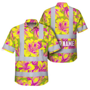 Hi Vis Hawaiian Shirt Reflective Tapes Yellow Pink Alstroemeria Custom Name Safety Workwear For Workers, Truckers, Operators