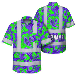 Hi Vis Hawaiian Shirt Reflective Tapes Violet Green Alstroemeria Custom Name Safety Workwear For Workers, Truckers, Operators