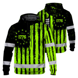 Hi Vis Hoodie Shirt Reflective Tapes Green Neon US Flag Custom Name Safety Workwear For Workers, Truckers, Operators