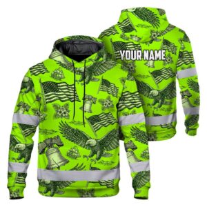 Hi Vis Hoodie Shirt Reflective Tapes Lime Neon US Flag Flower Custom Name Safety Workwear For Truckers, Operators