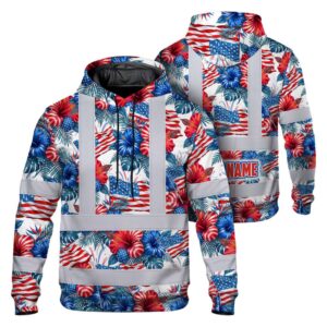 Hi Vis Hoodie Shirt Reflective Tapes US Flag Blue And Red Custom Name Safety Workwear For Workers, Truckers, Operators