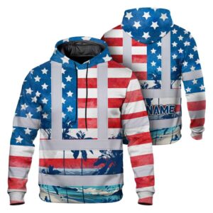 Hi Vis Hoodie Shirt Reflective Tapes US Flag Blue Red Tree Custom Name Safety Workwear For Truckers, Operators