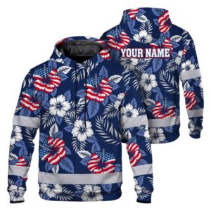 Hi Vis Hoodie Reflective Tapes US Flag Flower 02 Custom Name Safety Workwear For Workers, Truckers, Operators