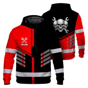 Hi Vis Hoodie Reflective Tapes Red Neon Mechanic Custom Name Safety Workwear For Mechanists, Truckers, Operators