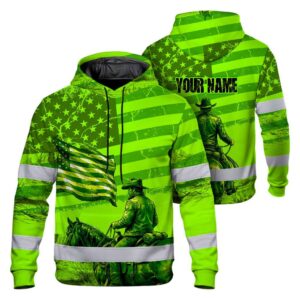 Hi Vis Hoodie Reflective Tapes Green Neon US Cowboy Custom Name Safety Workwear For Mechanics, Operators