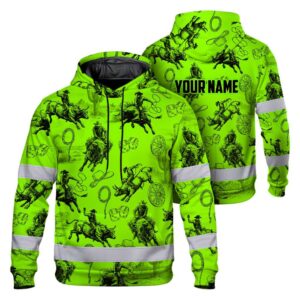 Hi Vis Hoodie Reflective Tapes Green Neon Cowboy Custom Name Safety Workwear For Mechanics, Truckers, Operators