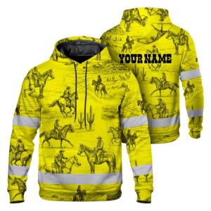 Hi Vis Hoodie Reflective Tapes Yellow Neon Cowboy Custom Name Safety Workwear For Mechanics, Truckers, Operators