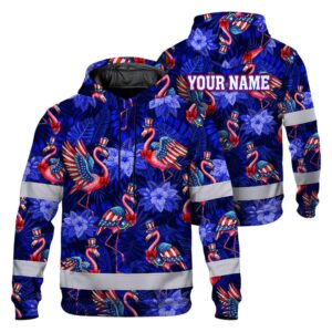 Hi Vis Hoodie Reflective Tapes Flamingo US Flag Custom Name Safety Workwear For Workers, Truckers, Operators