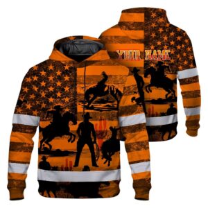 Hi Vis Hoodie Reflective Tapes Orange Neon Cowboy Custom Name Safety Workwear For Mechanics, Truckers, Operators