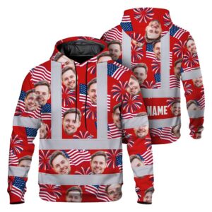 Hi Vis Hoodie Shirt Reflective Tapes US Flag Blue Red 3 Custom Name And Image Safety Workwear For Truckers, Operators