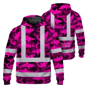 Hi Vis Hoodie Shirt Reflective Tapes Pink Camo Shark Custom Name Safety Workwear For Mechanics, Truckers, Operators