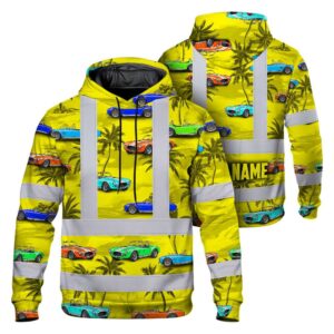 Hi Vis Hoodie Shirt Reflective Tapes Yellow Car Tree Custom Name Safety Workwear For Mechanics, Truckers, Operators