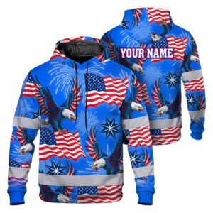 Hi Vis Hoodie Shirt Reflective Tapes US Flag Blue Custom Name Safety Workwear For Workers, Truckers, Operators