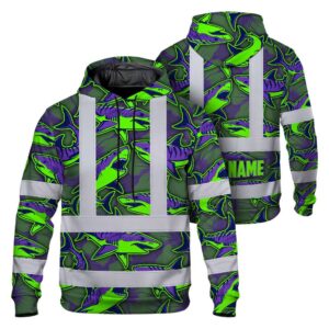 Hi Vis Hoodie Shirt Reflective Tapes Green Violet Shark Custom Name Safety Workwear For Mechanics, Truckers, Operators