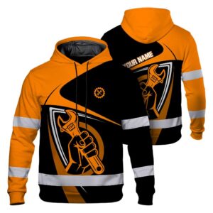 Hi Vis Hoodie Shirt Reflective Tapes Orange Neon Mechanic Custom Name Safety Workwear For Mechanists, Operators