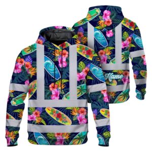 Hi Vis Hoodie Shirt Reflective Tapes Surfboard Flower Custom Name Safety Workwear For Mechanics, Truckers, Operators