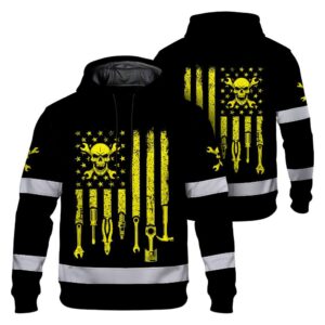 Hi Vis Hoodie Shirt Reflective Tapes Yellow US Flag Mechanic Custom Name Safety Workwear For Mechanists, Operators