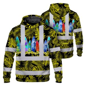 Hi Vis Hoodie Shirt Reflective Tapes Yellow Surfboard Flower Custom Name Safety Workwear For Mechanics, Operators