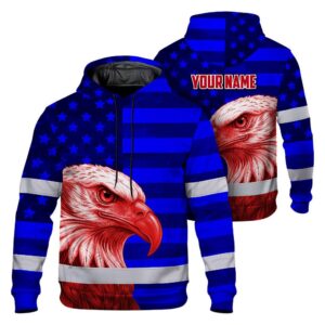 Hi Vis Hoodie Shirt Reflective Tapes US Flag Eagle Custom Name Safety Workwear For Workers, Truckers, Operators