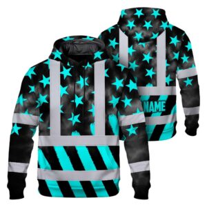 Hi Vis Hoodie Shirt Reflective Tapes Blue Neon US Flag Custom Name Safety Workwear For Workers, Truckers, Operators