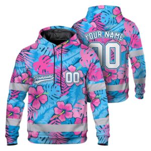 Hi Vis Hoodie Shirt Reflective Tapes Pink Blue Flower Custom Name And Number Safety Workwear For Truckers, Operators