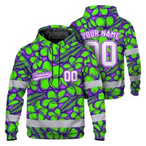 Hi Vis Hoodie Shirt Reflective Tapes Green Violet Flower Custom Name And Number Safety Workwear For Operators