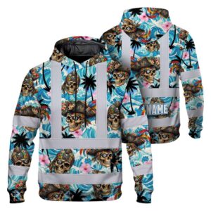 Hi Vis Hoodie Shirt Reflective Tapes Blue Flower Skull Boat Custom Name Safety Workwear For Truckers, Operators