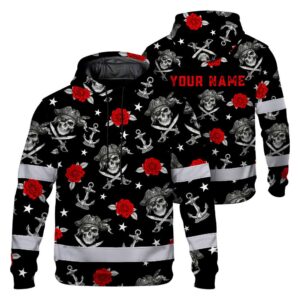 Hi Vis Hoodie Shirt Reflective Tapes Black Red Flower Skull Boat Custom Name Safety Workwear For Truckers, Operators