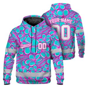 Hi Vis Hoodie Shirt Reflective Tapes Blue Pink Flower 3 Custom Name And Number Safety Workwear For Truckers, Operators