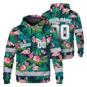 Hi Vis Hoodie Shirt Reflective Tapes Flamingo Flower Custom Name And Number Safety Workwear For Truckers, Operators