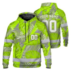 Hi Vis Hoodie Shirt Reflective Tapes Green Gray Leaf Custom Name And Number Safety Workwear For Truckers, Operators
