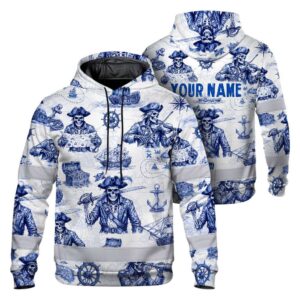 Hi Vis Hoodie Shirt Reflective Tapes White Blue Skull Boat Custom Name Safety Workwear For Truckers, Operators