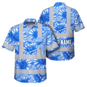 Hi Vis Hawaiian Shirt Reflective Tapes Flower Blue White Daisies Custom Name Safety Workwear For Workers, Truckers, Operators