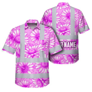 Hi Vis Hawaiian Shirt Reflective Tapes Flower Pink White Daisies Custom Name Safety Workwear For Workers, Truckers, Operators