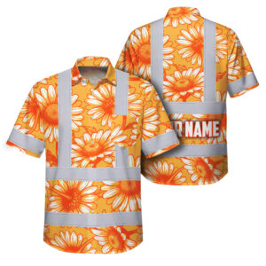 Hi Vis Hawaiian Shirt Reflective Tapes Flower Orange White Daisies Custom Name Safety Workwear For Workers, Truckers, Operators