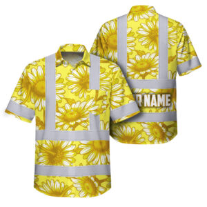 Hi Vis Hawaiian Shirt Reflective Tapes Flower Yellow White Daisies Custom Name Safety Workwear For Workers, Truckers, Operators