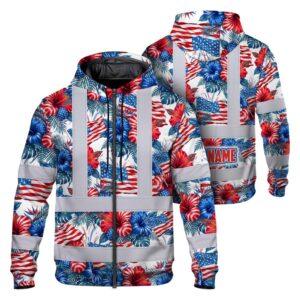 Hi Vis Zip Hoodie Shirt Reflective Tapes US Flag Blue And Red Custom Name Safety Workwear For Workers, Truckers, Operators