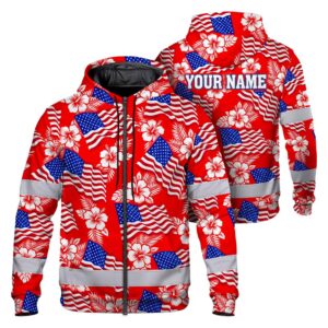 Hi Vis Zip Hoodie Shirt Reflective Tapes Red Neon US Flag Custom Name Safety Workwear For Workers, Truckers, Operators