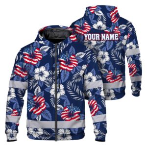 Hi Vis Zip Hoodie Reflective Tapes US Flag Flower 02 Custom Name Safety Workwear For Workers, Truckers, Operators
