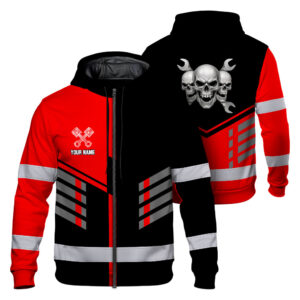 Hi Vis Zip Hoodie Reflective Tapes Red Neon Mechanic Custom Name Safety Workwear For Mechanists, Truckers, Operators