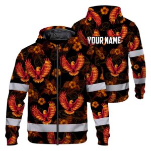 Hi Vis Zip Hoodie Reflective Tapes Orange Neon US Flag Flower Custom Name Safety Workwear For Truckers, Operators
