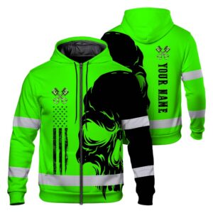 Hi Vis Zip Hoodie Reflective Tapes Green Neon Mechanic Custom Name Safety Workwear For Mechanists,Truckers,Operators