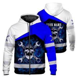 Hi Vis Zip Hoodie Reflective Tapes White Blue Neon Mechanic Custom Name Safety Workwear For Mechanists, Operators