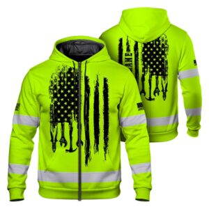 Hi Vis Zip Hoodie Reflective Tapes Lime Neon Mechanic 2 Custom Name Safety Workwear For Mechanists,Operators