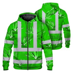 Hi Vis Zip Hoodie Reflective Tapes Green Neon Flowers Custom Name Safety Workwear For Workers, Truckers, Operators