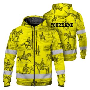 Hi Vis Zip Hoodie Reflective Tapes Yellow Neon Cowboy Custom Name Safety Workwear For Mechanics, Truckers, Operators