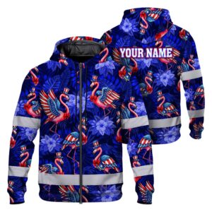 Hi Vis Zip Hoodie Reflective Tapes Flamingo US Flag Custom Name Safety Workwear For Workers, Truckers, Operators