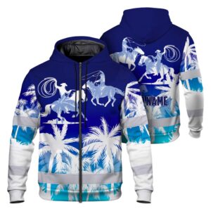 Hi Vis Zip Hoodie Reflective Tapes Gradient Blue Cowboy Custom Name Safety Workwear For Mechanics, Operators