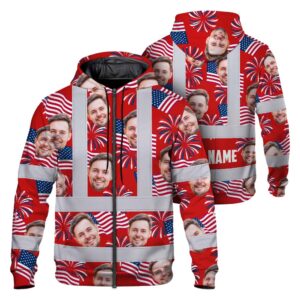 Hi Vis Zip Hoodie Shirt Reflective Tapes US Flag Blue Red 3 Custom Name And Image Safety Workwear For Truckers, Operators