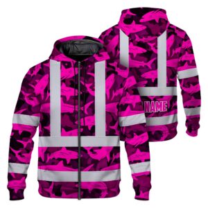 Hi Vis Zip Hoodie Shirt Reflective Tapes Pink Camo Shark Custom Name Safety Workwear For Mechanics, Truckers, Operators